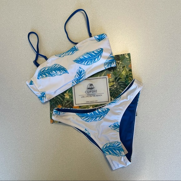 Cupshe Blue Feather Bandeau High Leg Bikini XS - Picture 1 of 13
